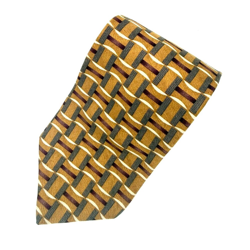 Louis Feraud Men's 100% Silk Tie Made in USA Gold Brown Geometric Abstract